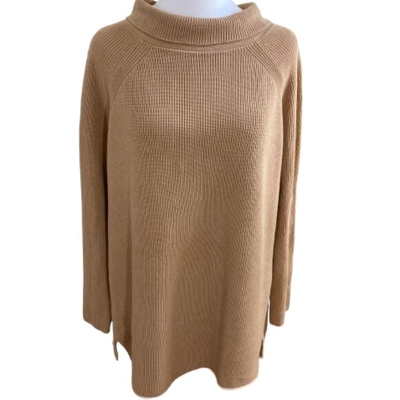 Talbots Plus Mock Turtleneck Sweater Pima Cotton Carmel and Cream Pullover, 1X - Picture 1 of 10